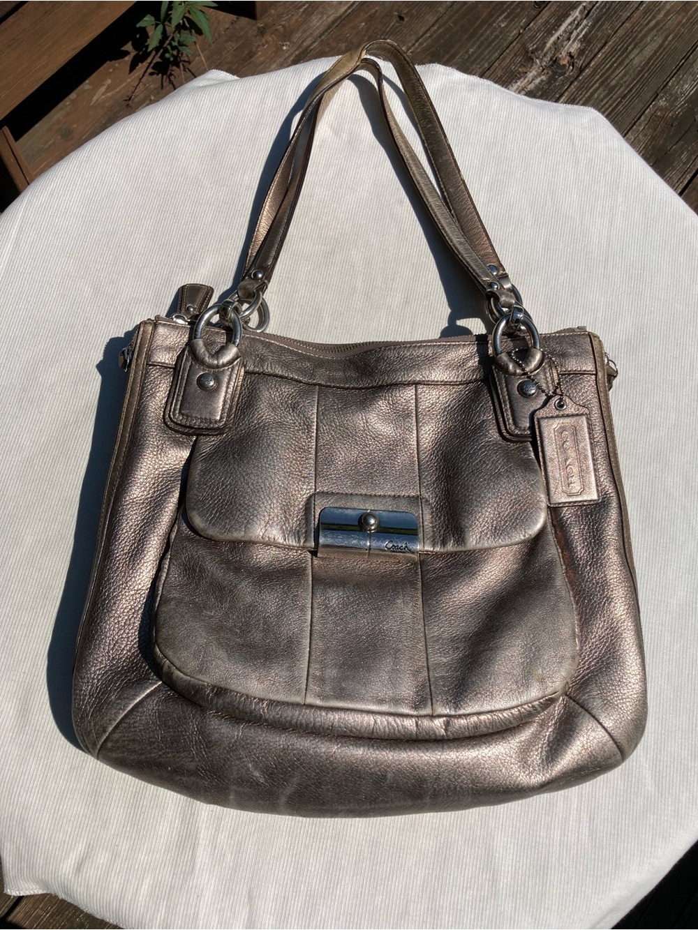 Coach Metallic Bronze Pebbled Leather Shoulder Bag Turnlock Teal Lining 14”